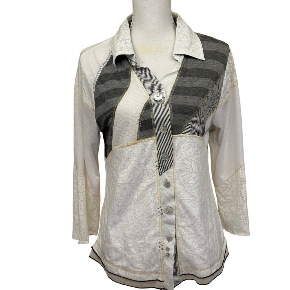 Parsley & Sage top, gray/white,‎ small, patchwork, artsy, upcycled inspired